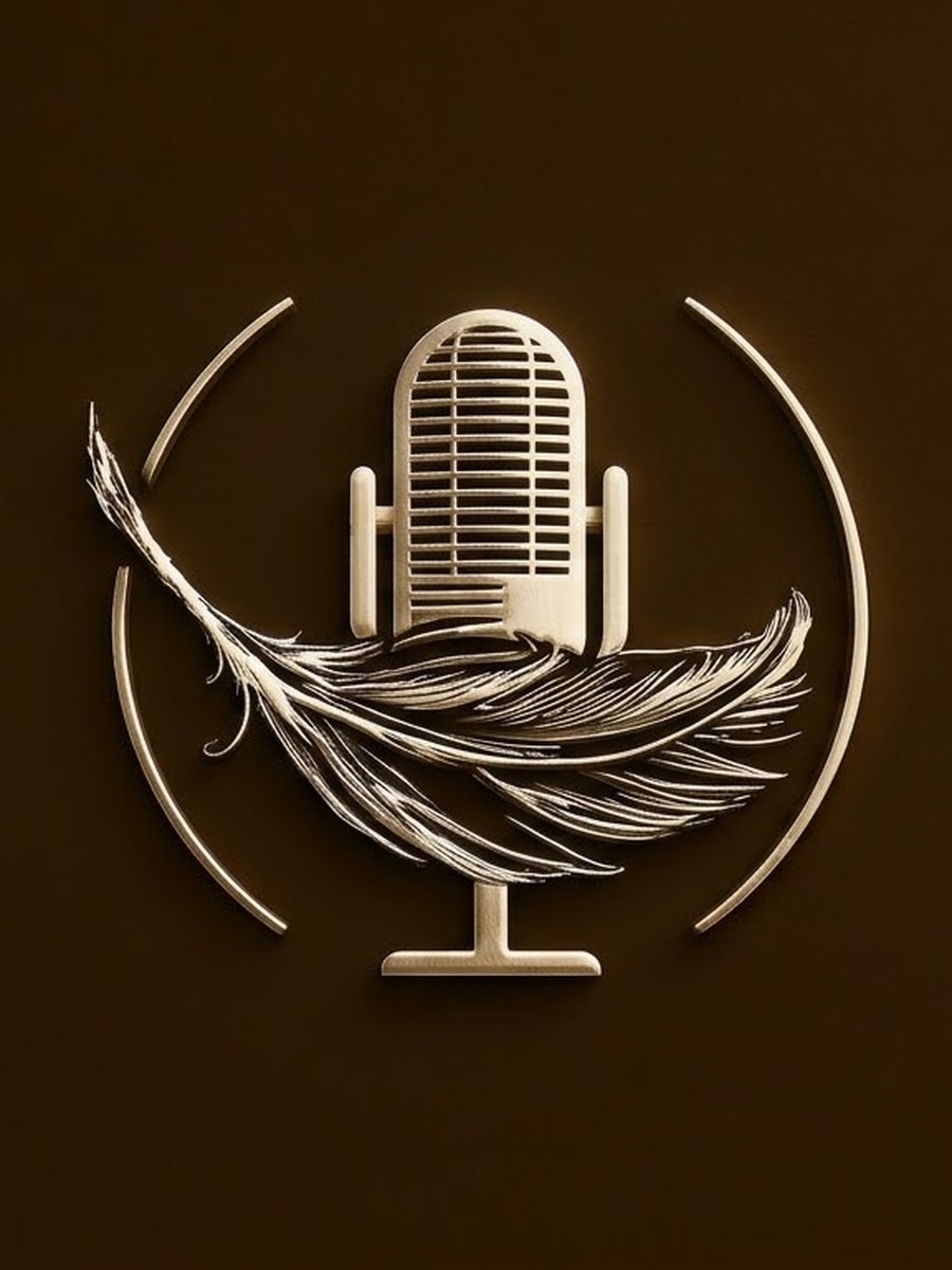 Logo do VerhaalCast: microfone com uma pena dourada sobre fundo marrom